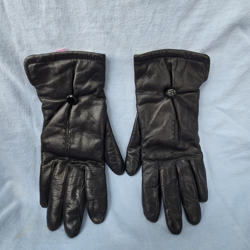 Vintage Grandoe Black Leather Gloves Women L 8 Rabbit Fur Lined Button Accent - Picture 6 of 7